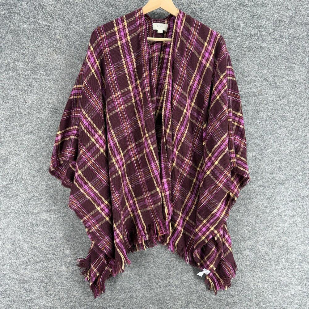 Loft Top Women One Size Purple Plaid Open Front 3/4 Sleeve Acrylic Casual
